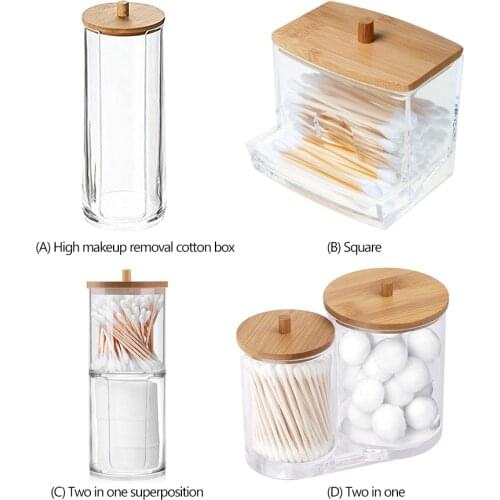 Cotton Swab Storage Box with Bamboo Cover Makeup Cotton Pad Bin Organizer Acrylic Jewelry Cotton Ball Dust Container Holder