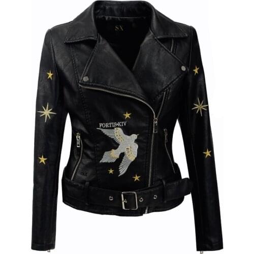 2021 Embroidered short ladies leather jacket lapel all-match motorcycle jacket women Y800