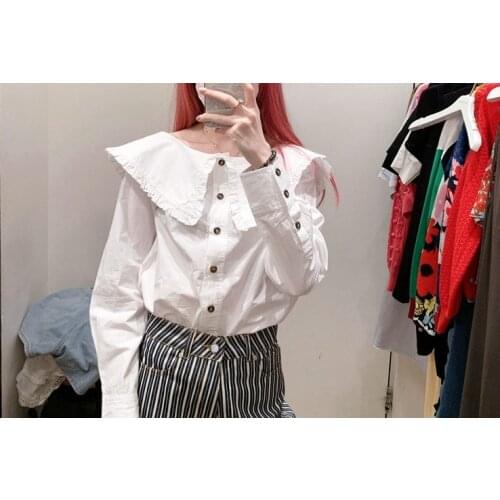 Women Shirt 2021 New Summer Classic Round Neck and Buttoned Straight Sleeve Cotton Plain Plain Shirt Ladies