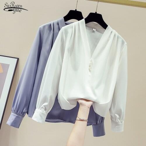 2021 Autumn Long Sleeve Chiffon Shirts for Women Office V Neck Solid Women Blouse Beading Pullovers Ladies Tops Blusas 11157