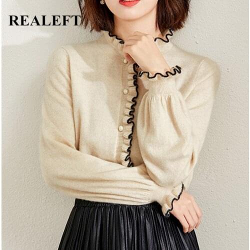 REALEFT 2021 New Knitted Cardigan for Women Elegant Korean Style Solid Color Long Sleeve Casual Loose Ladies Sweater Tops Female