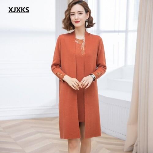 XJXKS 2021 autumn winter new women two-piece set high-end wool knitted sleeveless cardigan + long-sleeved long sweater