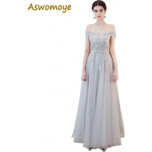 A line Long Evening Dress 2018 New Arrival Appliques Beading Party Dress Sexy Off the Shoulder robe de soiree Haute Couture