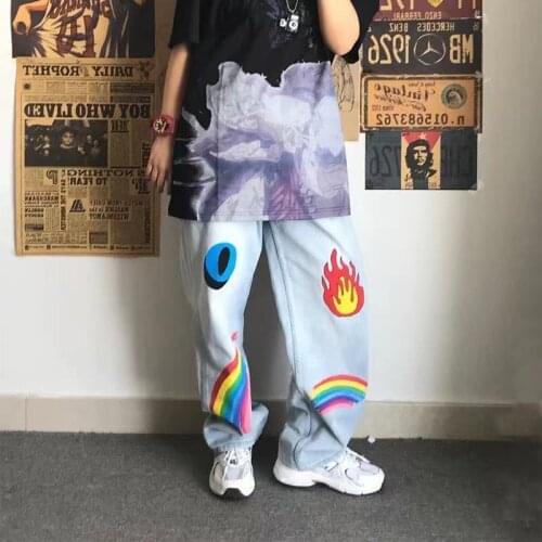 2021 Mens Graffiti Letter Printing Casual Pants Loose Hip Hop Style Wash Jeans Popular Fashion Cartoon Blue Color Trousers