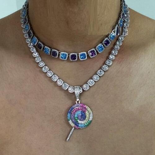 5A cubic zirconia cz tennis chain iced out bling hip hop men boy jewelry hiphop Rock colorful cz lollipop necklace