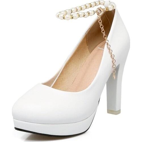 Big Size 11 12 13 14 platform heels women shoes woman pumps ladies Button beads with round head, thick heel and shallow mouth