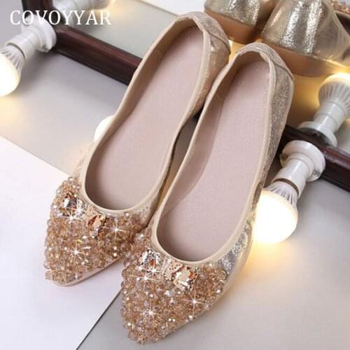 COVOYYAR 2019 Lovely Bow Women Loafers Butterfly Beaded Ballet Flats Spring Autumn Pointed Toe Golden Shoes Big Sizes WFS884