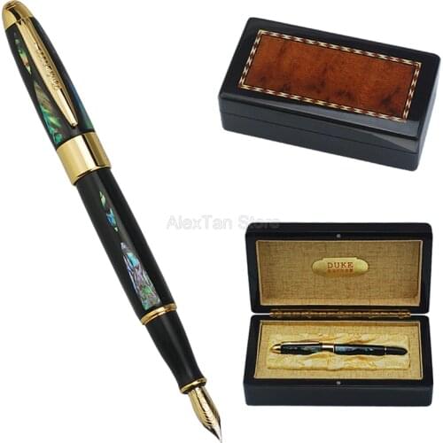 Duke 14K Gold Fountain Pen Exquisite Bright Pearl In The Dark Green Sea Fine Nib 0.5mm Gift Pen & Wooden Gift Box Fit Collection