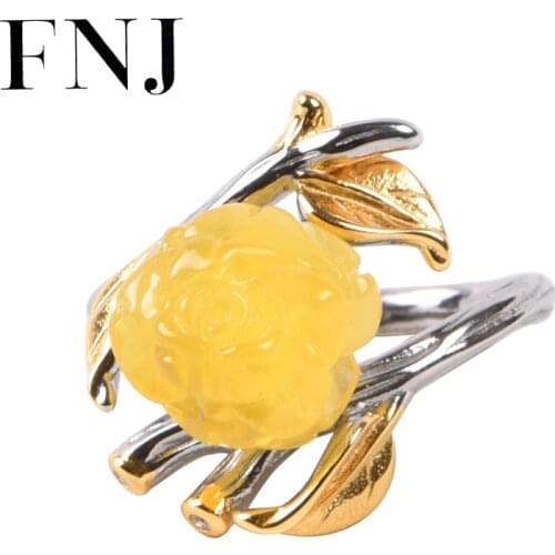 FNJ Amber Rose Flower Leaf Ring 925 Silver Vintage Original S925 Sterling Silver Rings for Women Jewelry Adjustable size