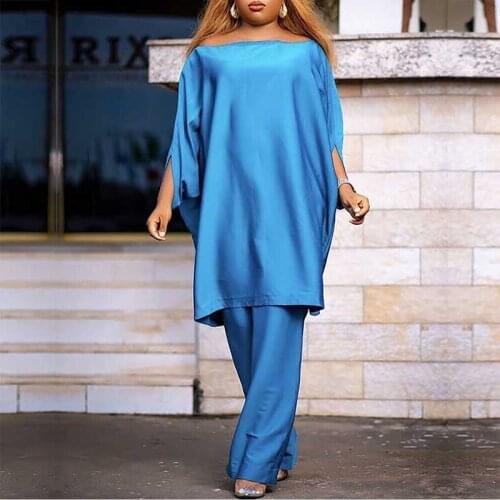 2 Two Piece Set Summer Blue Loose Clothes 2021 Dashiki New Fashion Long Tops + Wide Pants Party Plus Size For Lady Pants Suits