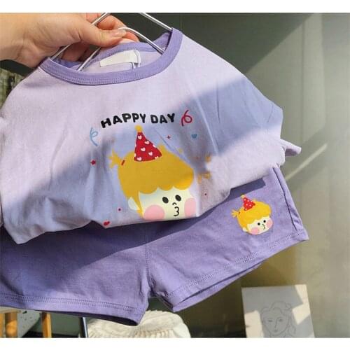 Toddler Girls Summer Clothes Set Baby Girls Short Sleeve Suit + Shorts 2Pcs Outfits Cartoon Printed Clothing Pure Color Set