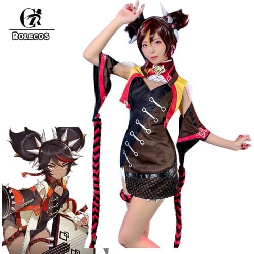 ROLECOS Genshin Impact Cosplay Costumes Genshin Impact Xinyan Cosplay Costume Women Full Set Dress Vest Socks Rings Collar