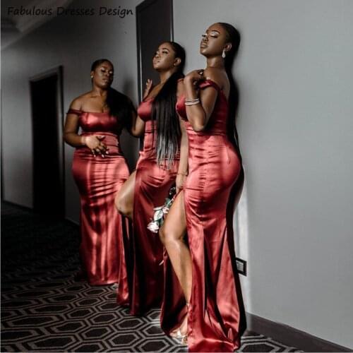 Red Side Split Bridesmaid Dresses Off Shoulder Mermaid Scoop Neck African Women Maid Of Honor Dress Long 2021 Wedding Party