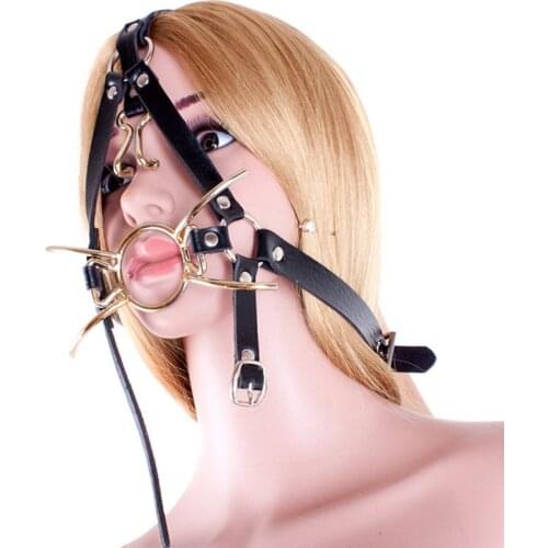 Metal Spider Ring Gag with Head Slave Harness Nose Hook Flirting Mouth Gags Sex Bondage Leather Mask Cat Sex Toys Restraints