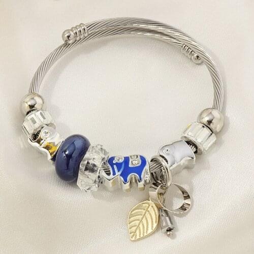 Cute Blue Glaze Elephant Charms Bracelet for Women Vintage Stainless Steel Bangle Female Leaf Pendant Beads Pulseras Men Jewelry