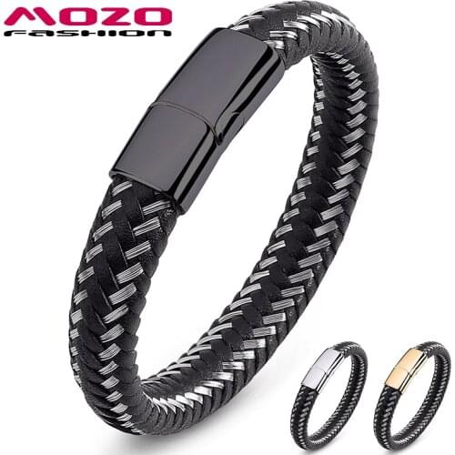 Fashion Bracelet Men Steel Wire & Leather Braided Rope Black Chain Stainless Bangle For Women Gift