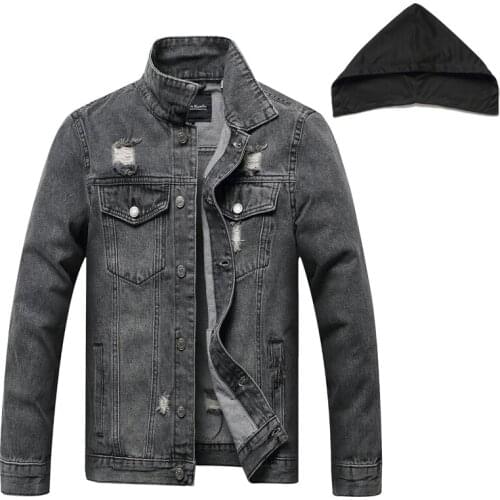 2021 New Spring Gray Blue Cotton Slim Denim Coats Detachable Casual Jean Jacket Men