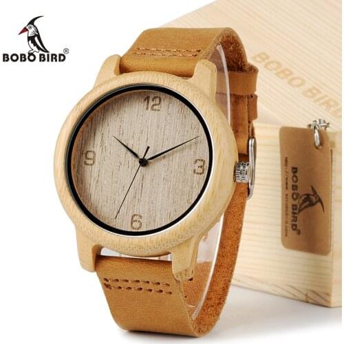 BOBO BIRD L09 Bamboo Wooden Men Wristwatch with Brown Cowhide Leather Strap Japanese Quartz Movement Casual Watches With Box