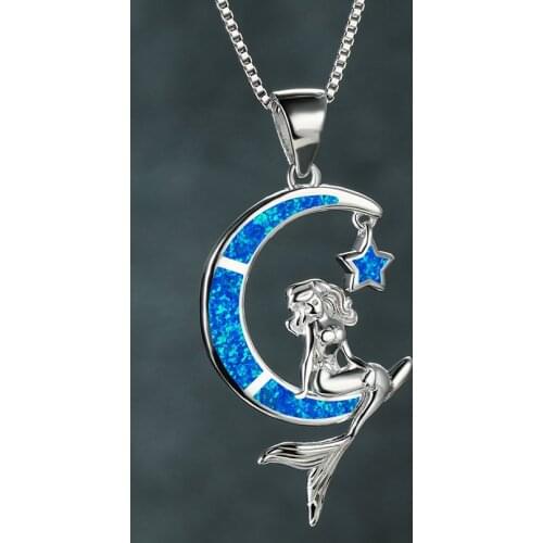 New Blue Fire Opal Mermaid On Moon Pendant Necklace