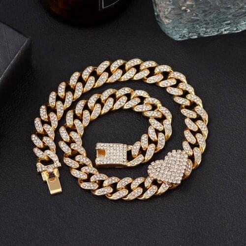 Punk Iced Out Rhinestone 13mm Cuban Link Chain Necklace For Women Luxury Crystal Heart Rapper Choker Necklace Hip Hop Jewelry