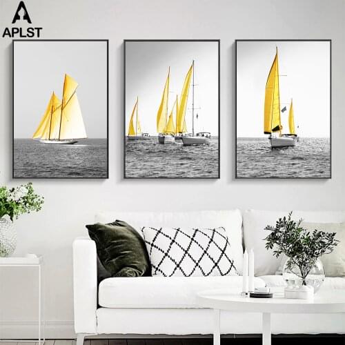 Sailing Boat Prints Painting Black And White Golden Ship Posters Ocean Sea Wall Art Canvas Picture for Living Room Study Office