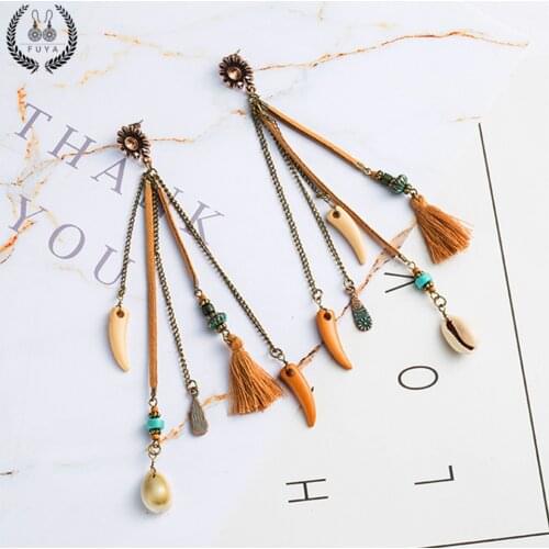 Boho long tassel earrings for women Bohemian beads fringe earring jewelry Ethnic crystal natural shell resin feather drop earing