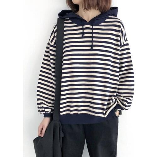 Johnature Women Pullover Hooded Sweaters Striped 2021 Autumn New Knitted Cotton Warm Women Clothes Korean Style Sweaters