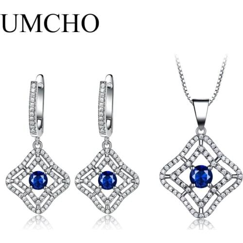 UMCHO Blue Sapphire Gemstone Jewelry Sets Pendant Necklace Clip Earrings For Women 925 Sterling Silver Wedding Sapphire Jewelry