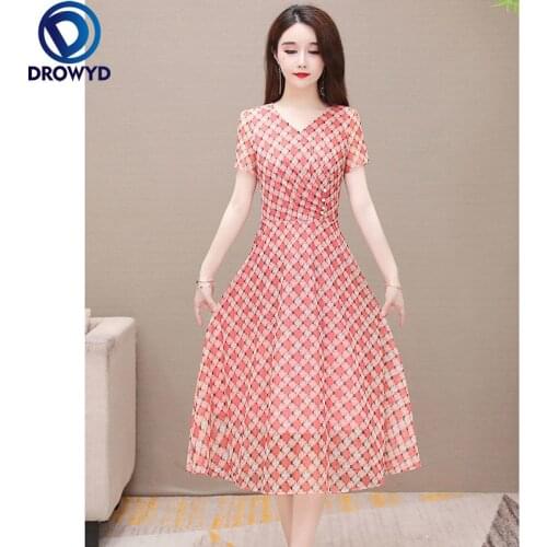 2021 Beach Pink Print Midi Dress Women Summer Fashion Short Sleeve V-neck Bodycon Chiffon Dress Elegant Boho Sexy Party Vestidos