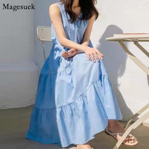 Korean Vintage Blue Women Dress Summer Cotton V-Neck Sleeveless Plus Size Dress Casual Pleated Loose Long Dress Vestidos 13950
