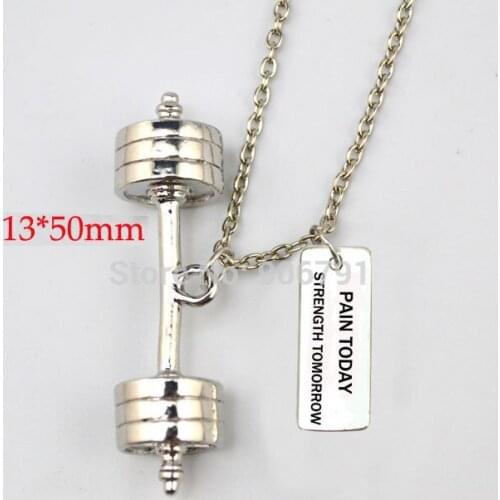 10pcs a lot sports Dumbbell barbell weight charm with PAIN TODAY STRENGTH TOMORROW Gym necklace