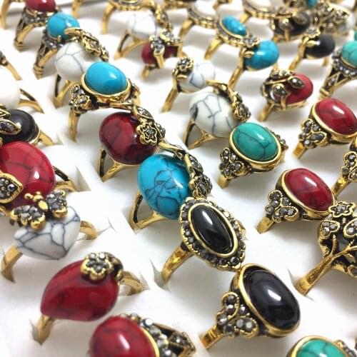 30pcs Vintage Antique Gold Turquoises Ring Men Women Retro Ancient Tibet Natural Stone Artistic Carved Ring Unique Jewelry