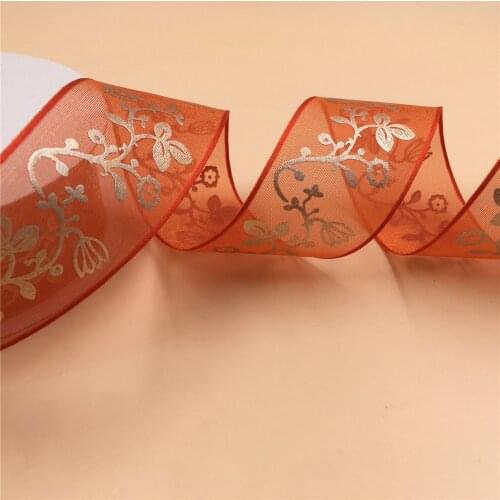 38mm X 25yards Golden Foil Printing Flower Wired Organza Sheer Ribbon N1004