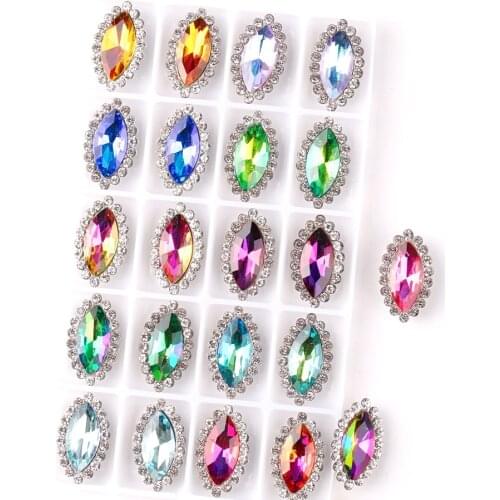 7*15mm 20pcs/pack rainbow glass crystal with rhinestones Silver claw settings Navette shape Sew on rhinestone wedding dress diy