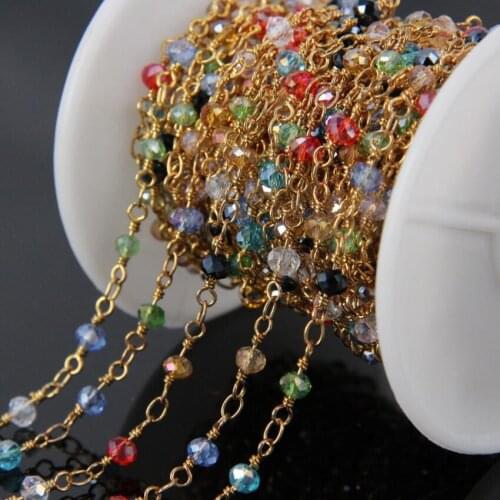 5Meter Mixed Glass Faceted Rondelle Beads Chains,Gold Plated Wire Wrapped Rosary Chain Necklace bracelet Jewelry Findings