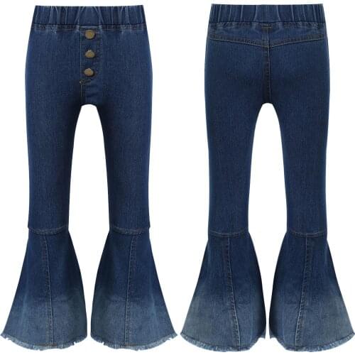 Kids Girls Trousers Navy Blue Jeans Gradient Colour Flared Pants Teenage Girls Raw Hem Jean Pants Street Wear Boot Cut Leggings