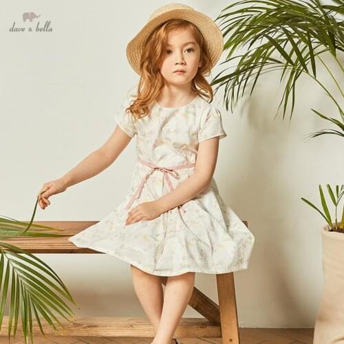 DKY17922 dave bella summer girls 5Y-13Y fashion cartoon striped draped dress children sweet dress kids infant lolita clothes