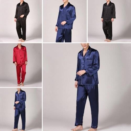 Men Summer Imitation Silk Pajama Set Shirt Pants Home Gown Sleepwear Nightwear