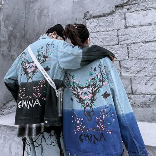 Couple Jeans Jacket Streetwear Chinese Style Men and Women Retro Printing Loose Casual Demin Jacket Outwear Female/male Clothes
