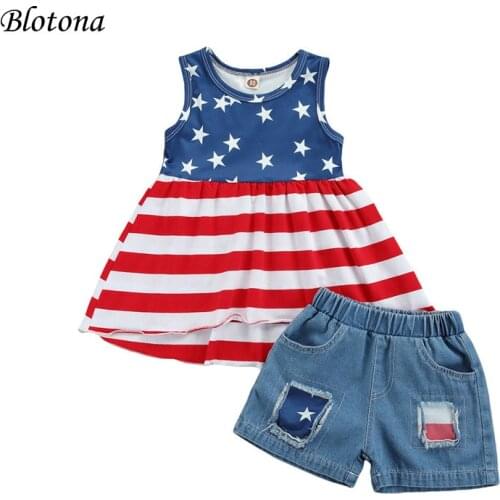 Blotona Children Independence Day Clothes Set, Girls Striped Sleeveless O-neck Tops Dress + Ripped Short Jeans 18Months-6Years