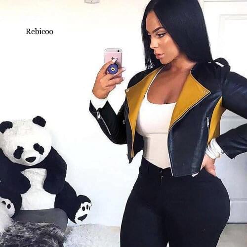 New Winter PU Leather Coats Patchwork Color Turn-down Collar Full Sleeve Zipper PVC Jackets Street Fashion Casual Coat