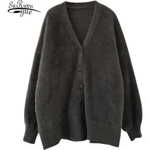 Fashion V-neck Faux Mink Fleece Knitted Coat Women Sweaters 2021 Winter Apricot Slim Mid-Length Loose Sweater Women 11650