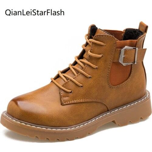 Fashion Brown Pu Ankle Boots Buckle Ladies Casual Shoes Autumn Lace-up Women Motorcycle Boot Botas Mujer