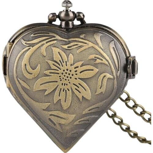 Retro Cool Modern Pocket Watch Stylish Quartz Half Hunter Fashion Heart Girl Chain Vintage Causal Bronze Pendant for Gifts