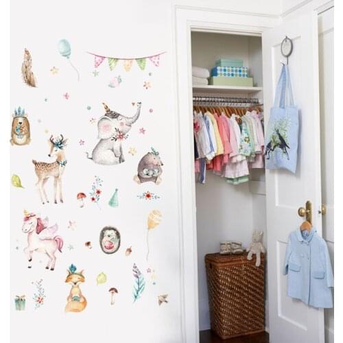 Cartoon Animals Watercolor Wall Sticker Bedroom Cupboard Kindergarten Wall Stickers For Kids Rooms Home Decor Sticker Mural