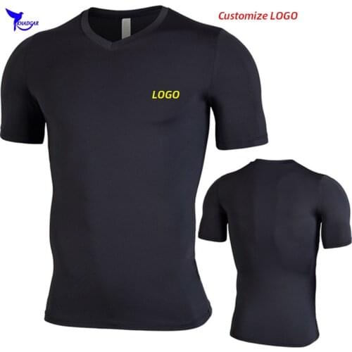 Customize LOGO Short Sleeve V Neck Running Tshirt Men Compression Fitness Gym Shirts Breathable Sport T-shirt Rashgard Clothing