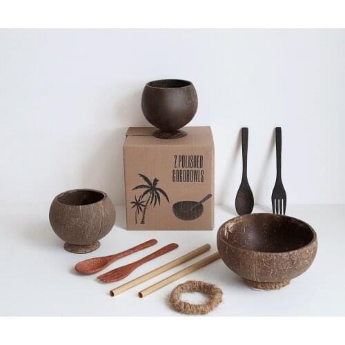 Natural Coconut Bowl set kit with Spoon fork shell slip ring salad Noodle Rice fruit snacks food storage Tableware kitchen tools