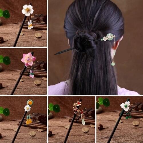 New Handmade Luxury Flower Hairpins Hair Sticks Vintage Wood Chinese Hair Stick Pins For Women Hair Ornaments Head Jewelry
