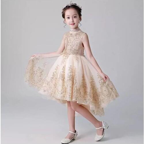 New Princess Dress Girls Wedding Dress Sleeveless Evening Dress Gold Sequins Dress For Girls Prom Dress