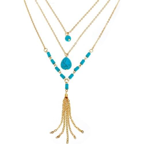 Boho Temperament Necklace Gold Color Long Tassel Necklaces & Pendants For Women Multi Layer Choker Necklace